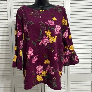 Old Navy LG Raspberry Floral Round  Neck 3/4 Bell Sleeves T-shirt Top Blouse
